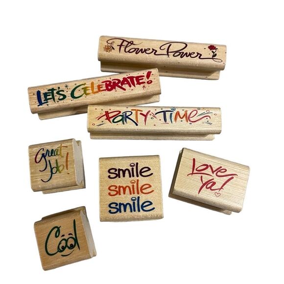 Rubber Stamp Set of 6 Smile Love Cool Great Job Flower Power Celebrate Party - Picture 1 of 5